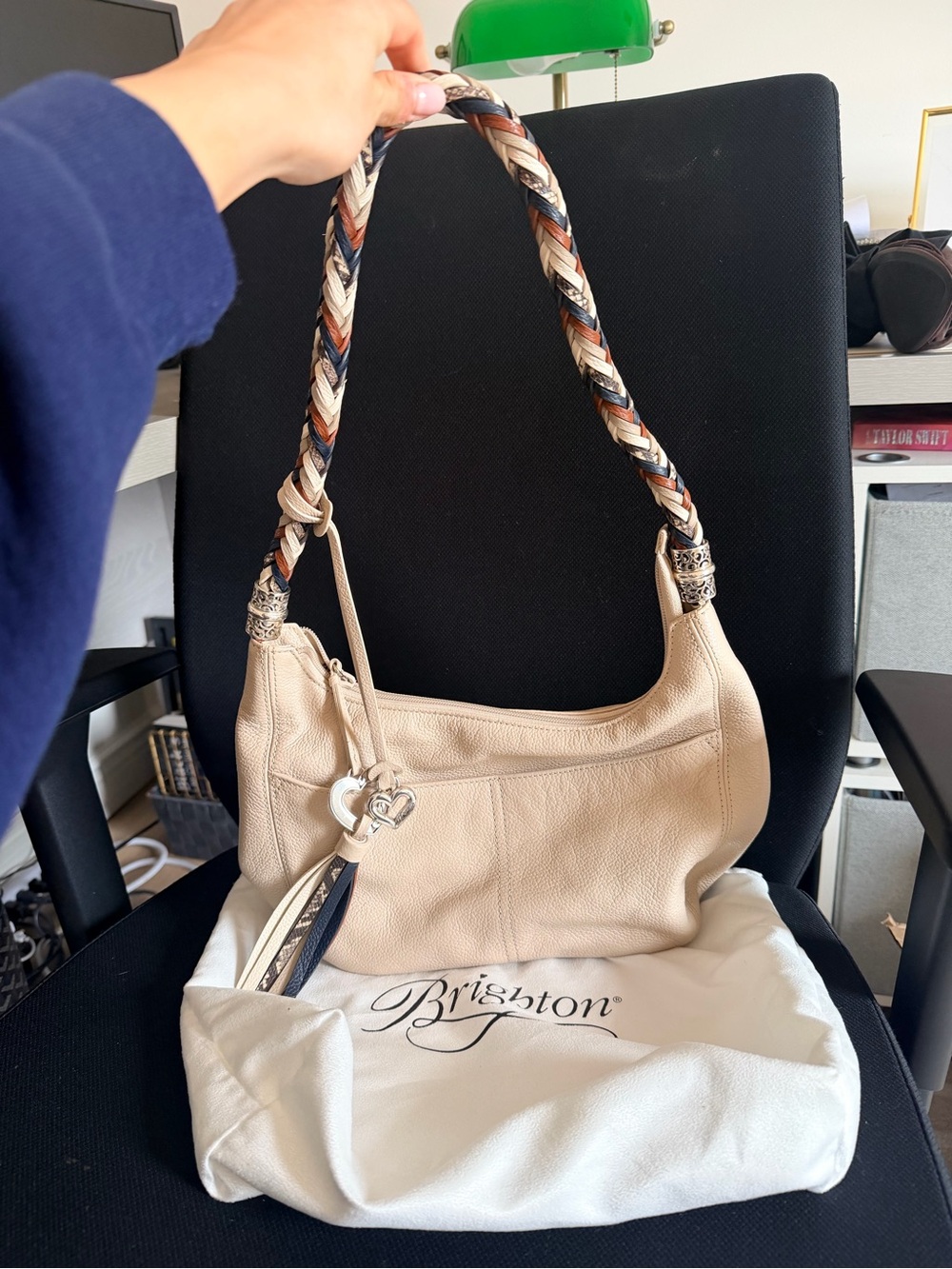 Gently Used Brighton Braided Strap Hobo Bag in Beige with Navy & Rust Accents